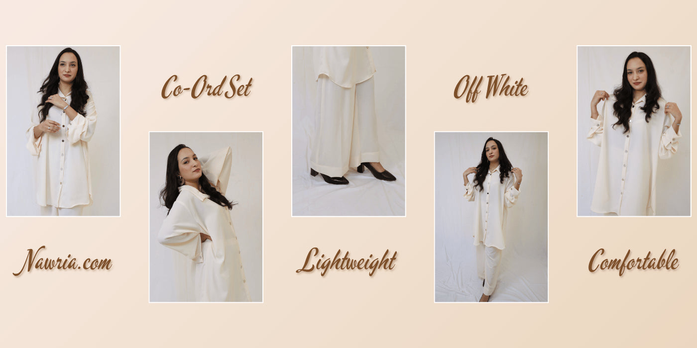 Collage of a woman wearing an off-white outfit with text describing features on a beige background.