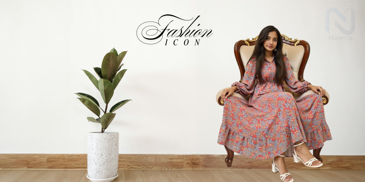 Woman in a floral dress sitting on an ornate chair with a plant and 'Fashion Icon' text.