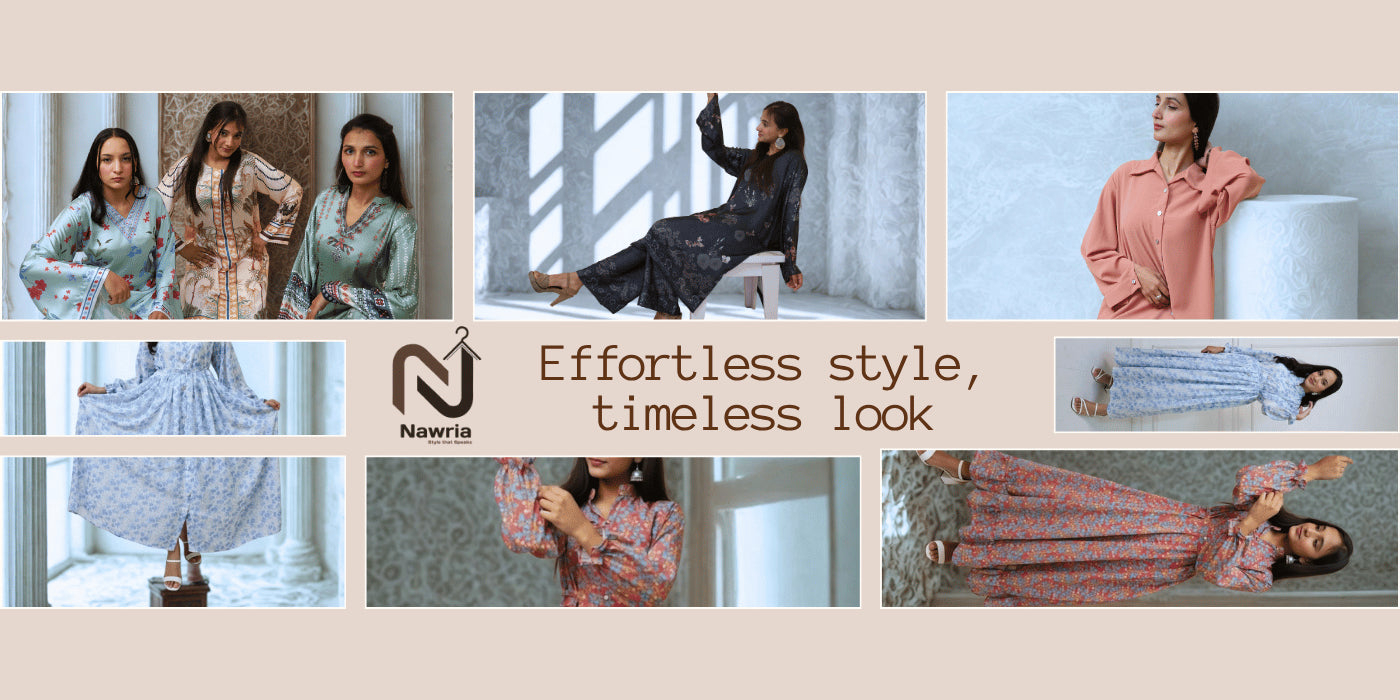 Collage of women in various outfits with 'Naveen' brand logo and text 'Effortless style, timeless look'.