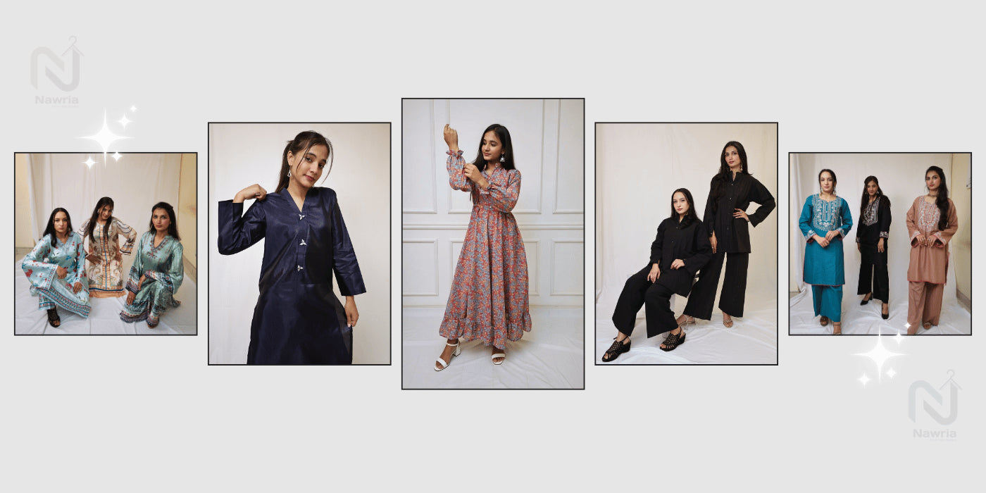 Five images of women wearing different outfits against a white background