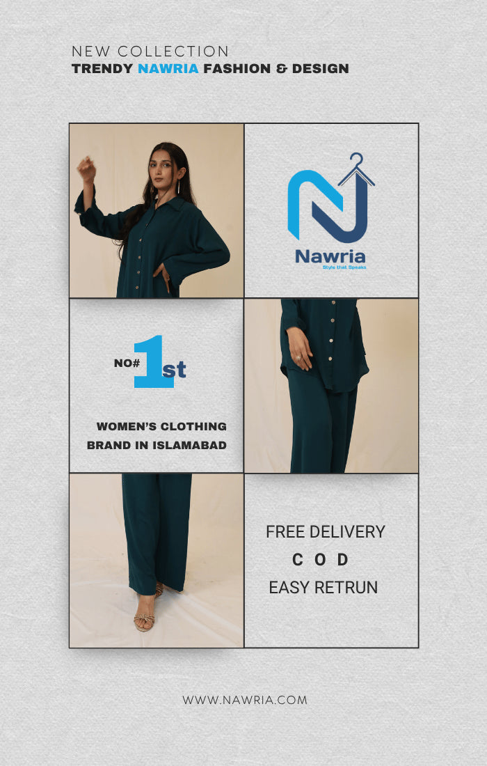 Advertisement for Nawria fashion brand with a woman modeling clothing, brand logo, and promotional text on a light gray background.