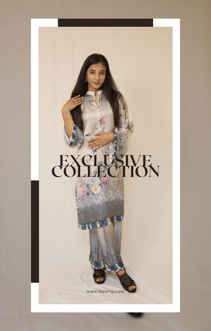 Woman wearing a floral dress with text 'Exclusive Collection' on a beige background
