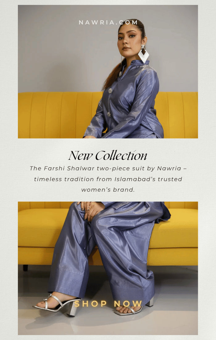 Woman wearing a blue two-piece suit sitting on a yellow couch with text about Nawria's new collection.