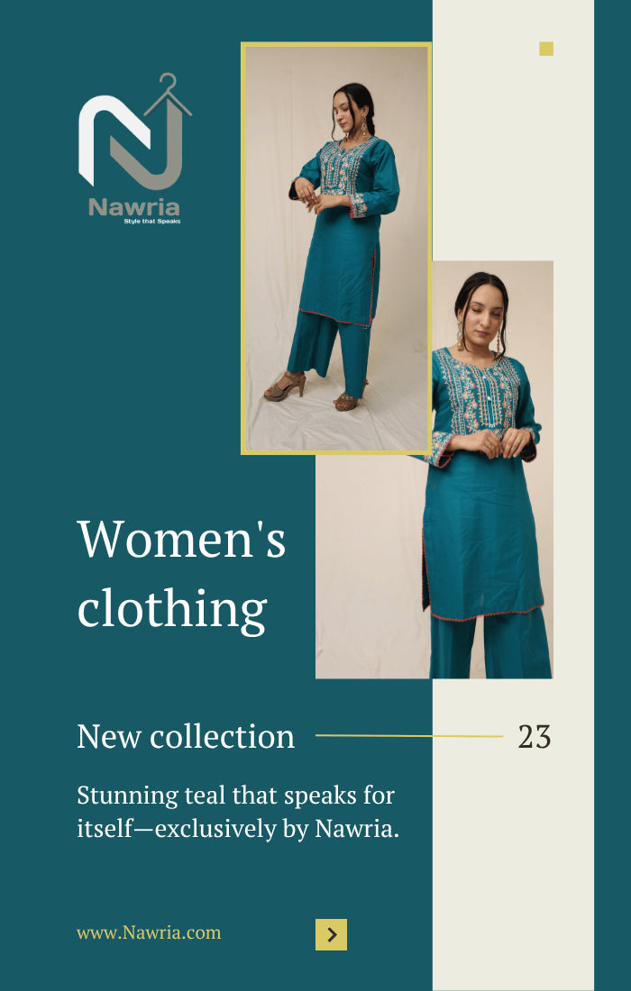 Advertisement for Nawria women's clothing collection featuring a teal outfit.