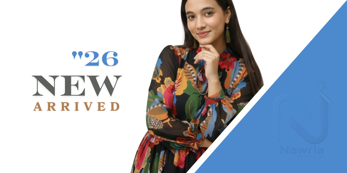 Woman wearing a colorful dress with '26 New Arrived' text and brand logo.