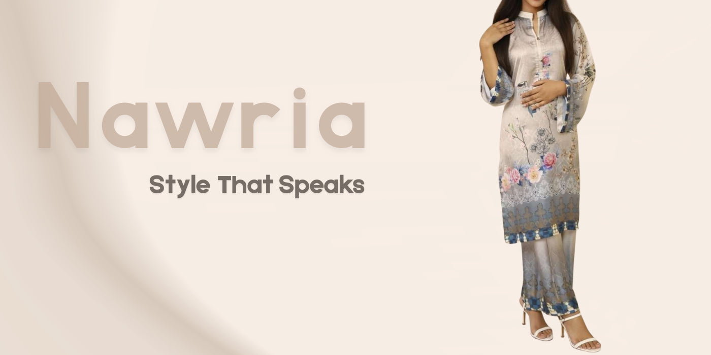 Woman wearing a floral dress with 'Nawria' branding on a beige background