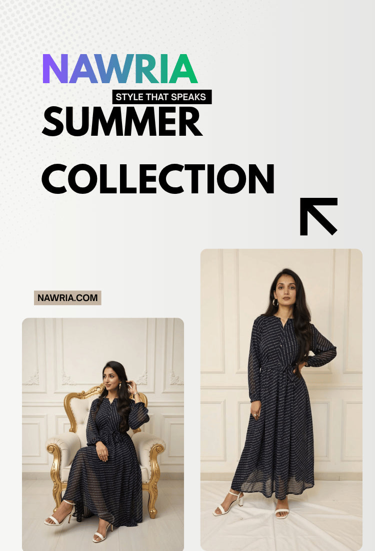 Advertisement for NAWRIA Summer Collection featuring a woman in a black dress.