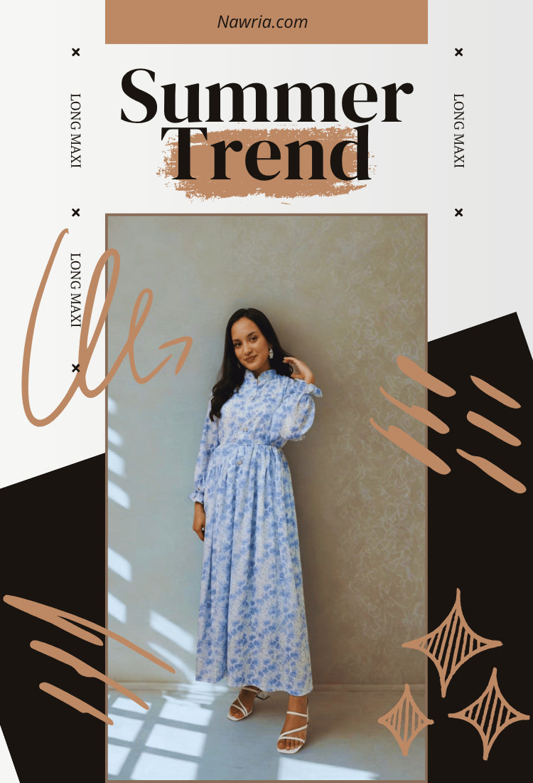 Woman wearing a blue floral dress with 'Summer Trend' text and Nawria.com branding.