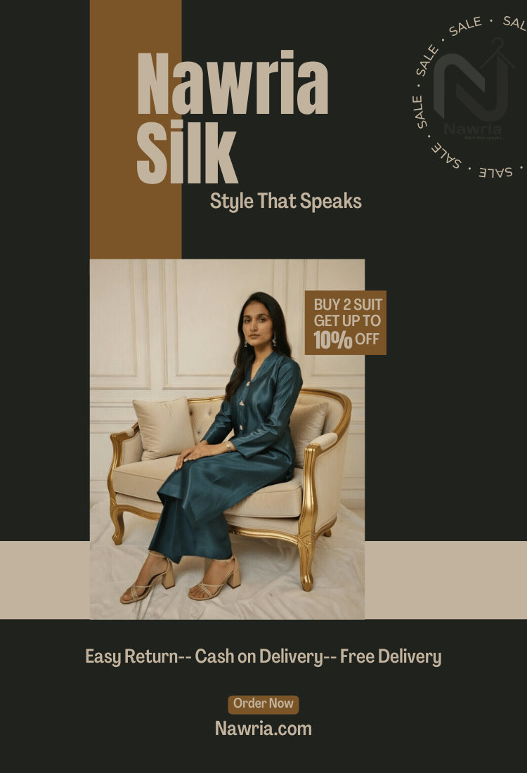 Advertisement for Nawria Silk with a woman sitting on a couch, featuring text about the brand and promotions.