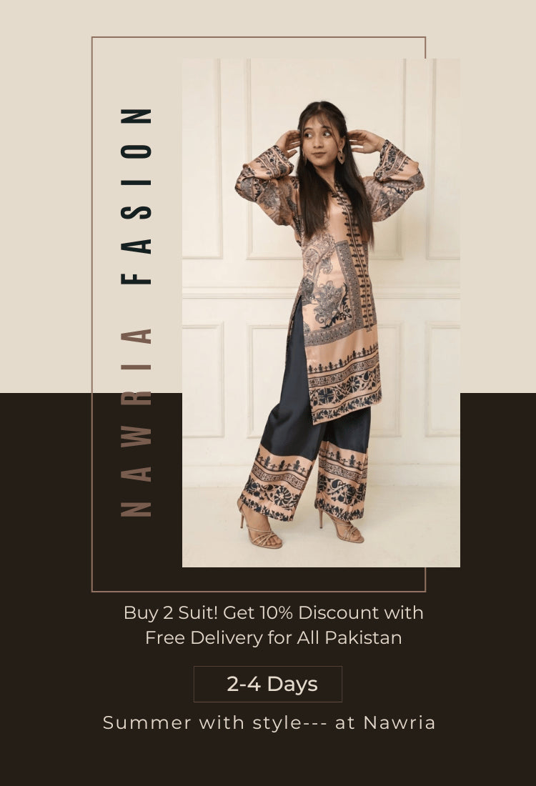 Woman wearing a patterned outfit with promotional text for Nawria Fashion on a white background.