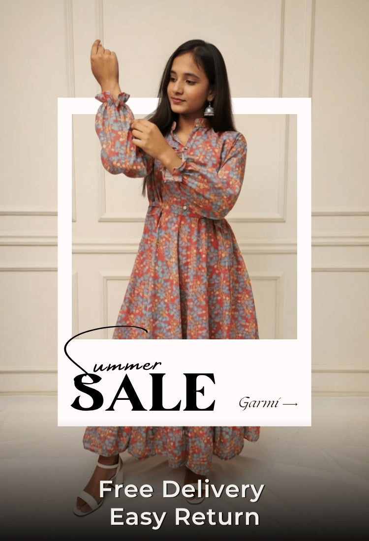 Woman wearing a floral dress with 'Summer Sale' text overlay
